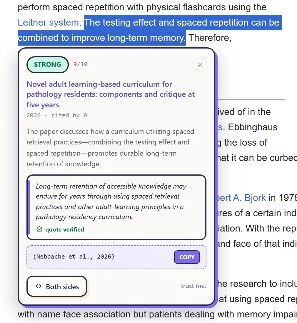 A sentence highlighted in a Wikipedia article with the Trust Me Bro card open underneath it: a STRONG verdict, the paper it rests on, a verified quote and a copyable citation.